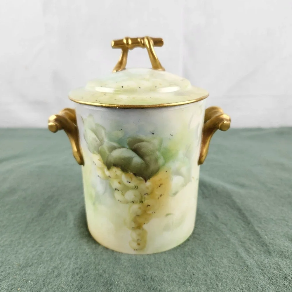 Antique GDA France Limoges Condensed Milk Container W/ Lid  Gold Scroll‎ Grapes